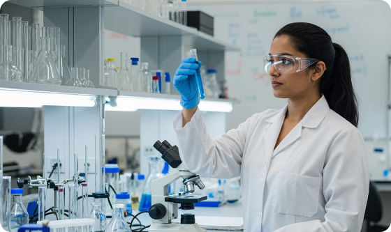 Scientist in a lab coat examining a sample vial