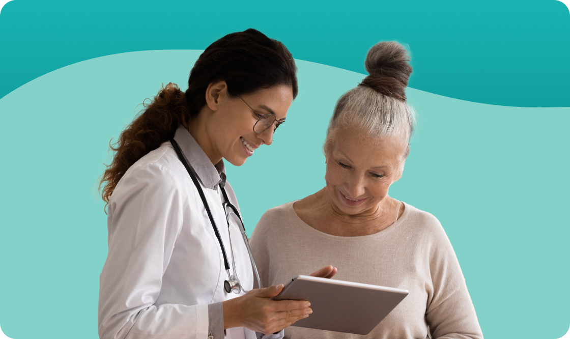Illustration of a doctor showing a tablet to an older female patient
