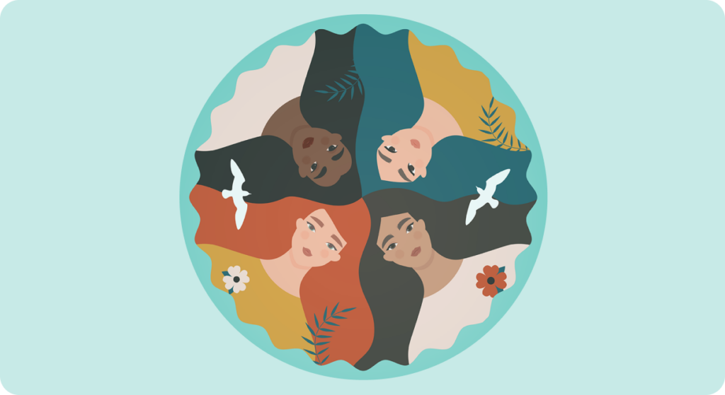 Illustration of a circle of women of varied backgrounds viewed from above