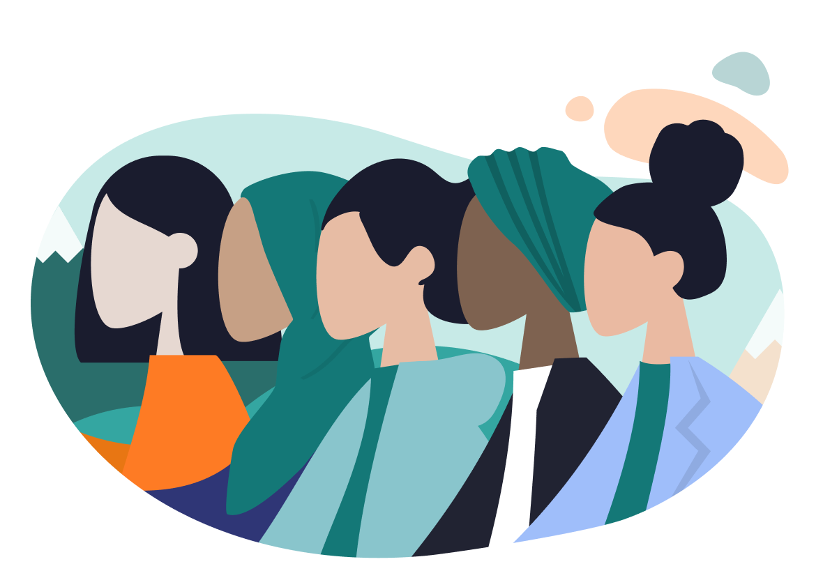 Illustration of a group of women of varied ages and backgrounds standing together